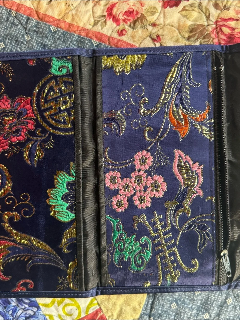 Vintage Brocade Clutch Wallet Travel Organizer Asian Floral Satin